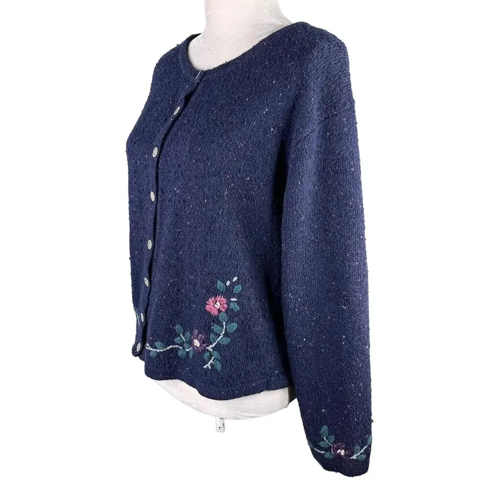 Northern Reflections Sweater Cardigan Large Navy Pink Floral L